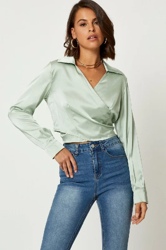 Green Satin Wrap Shirt