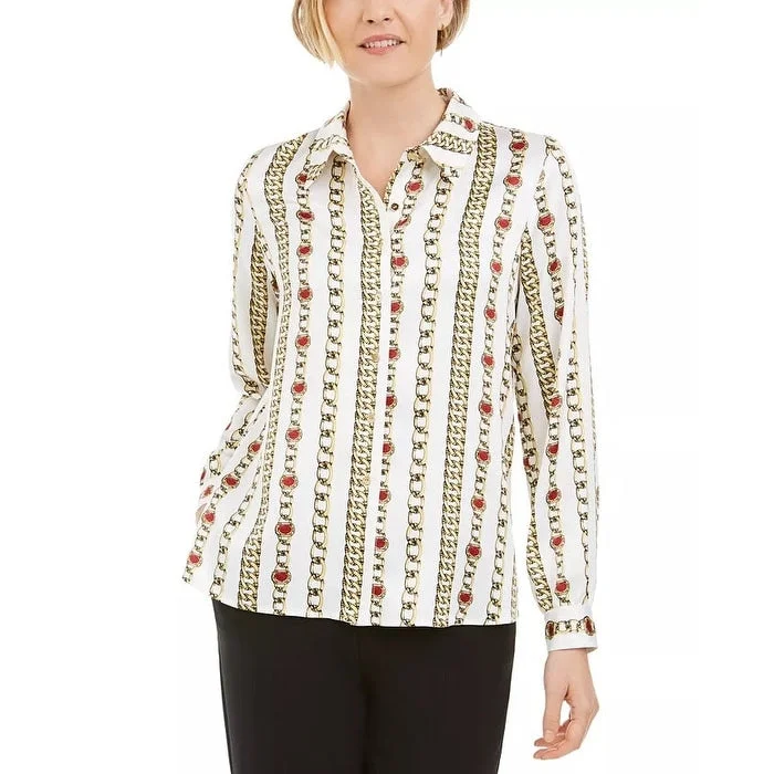 Kasper Women's Chain Print Collared Button Up Shirt White Size 14