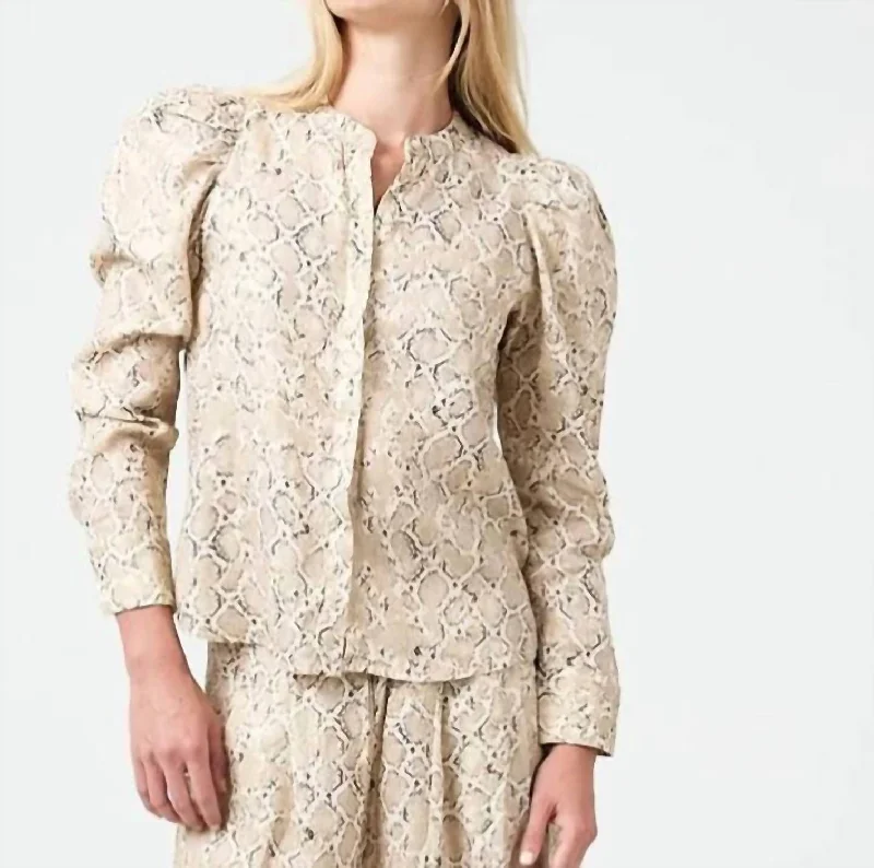 Lilium Metallic Linen Shirt - Snake Print In Beige