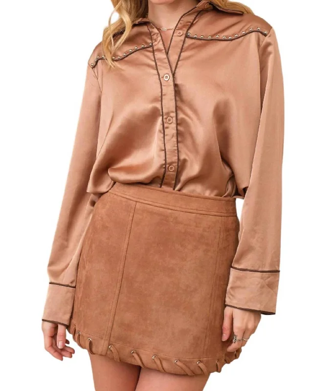 Long Sleeve Studded Shirt Blouse In Tan