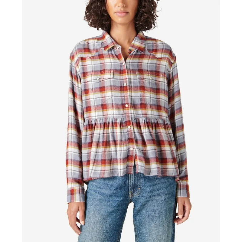 Lucky Brand Women's Plaid Western Babydoll Long Sleeve Shirt Blue