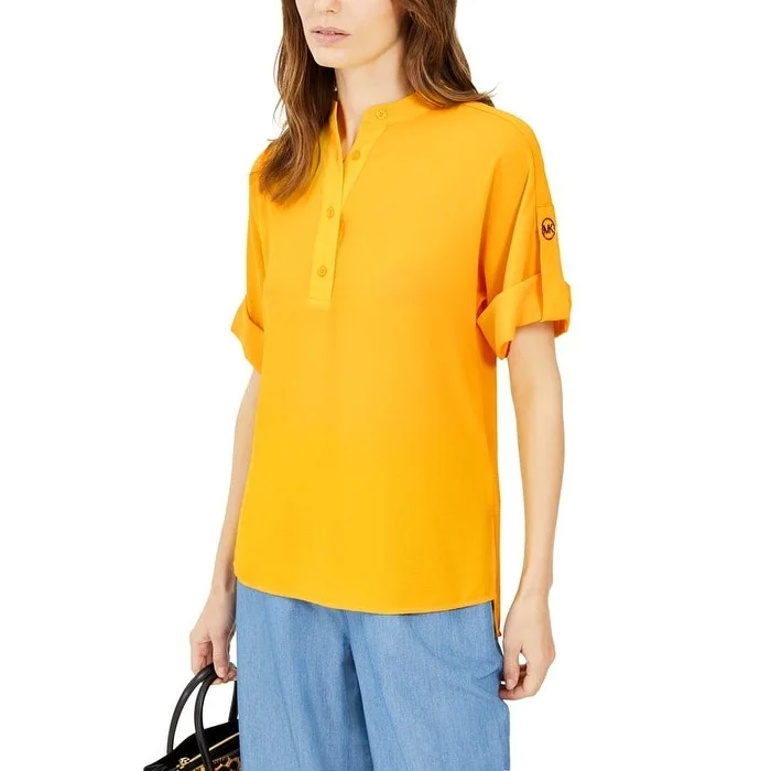 Michael Kor's Women's Bright Dandelion Roll Sleeve Shirt Yellow Size Small