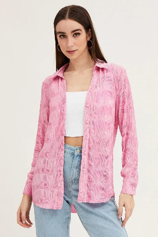 Pink Long Sleeve Plisse Shirt