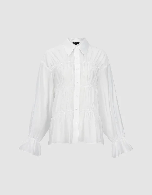 Shirred Button Up Straight Shirt