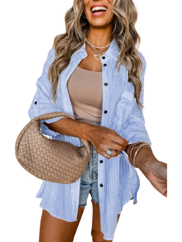 Stripe Roll-Tab Sleeve Pocketed Long Shirt In Blue