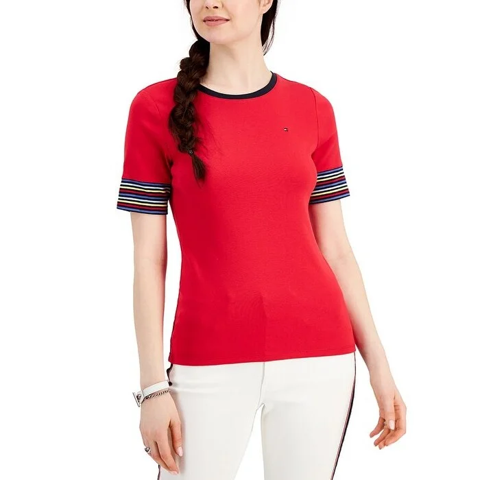 Tommy Hilfiger Women's Cotton Striped Sleeve T Shirt Red Size Medium