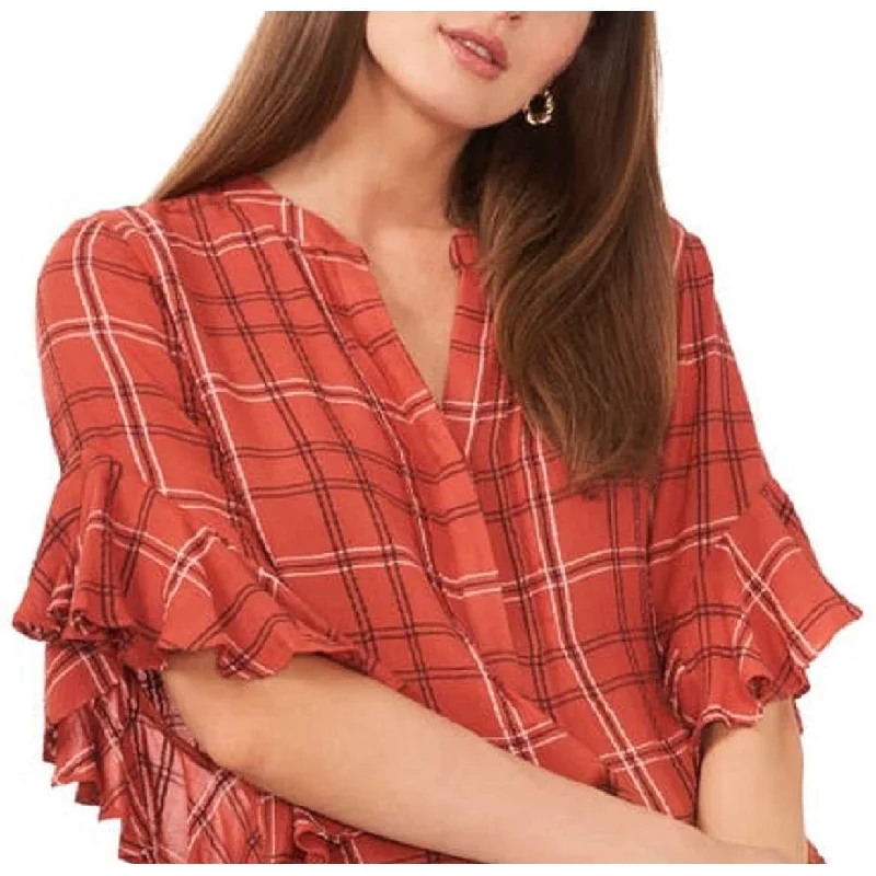 Vince Camuto Women's Plaid Ruffle Sleeve Flannel Shirt Red Size X-Small