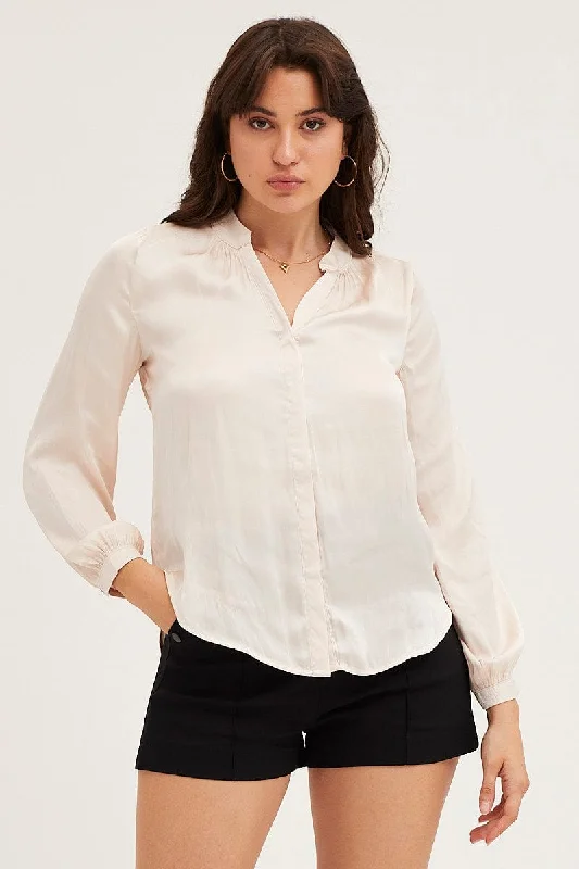 White Shirt Long Sleeve Gathered Satin