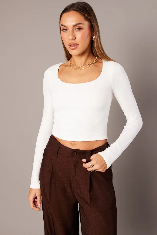 White T Shirt Long Sleeve Seamless Scoop Neck