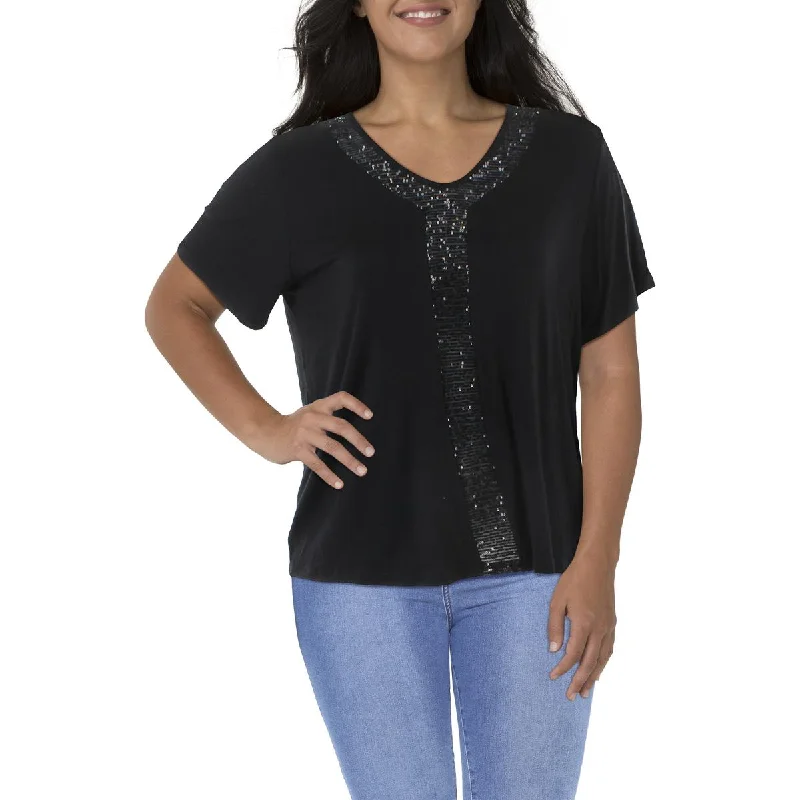 Coin 1804 Womens Plus Sequined Short Sleeve T-Shirt