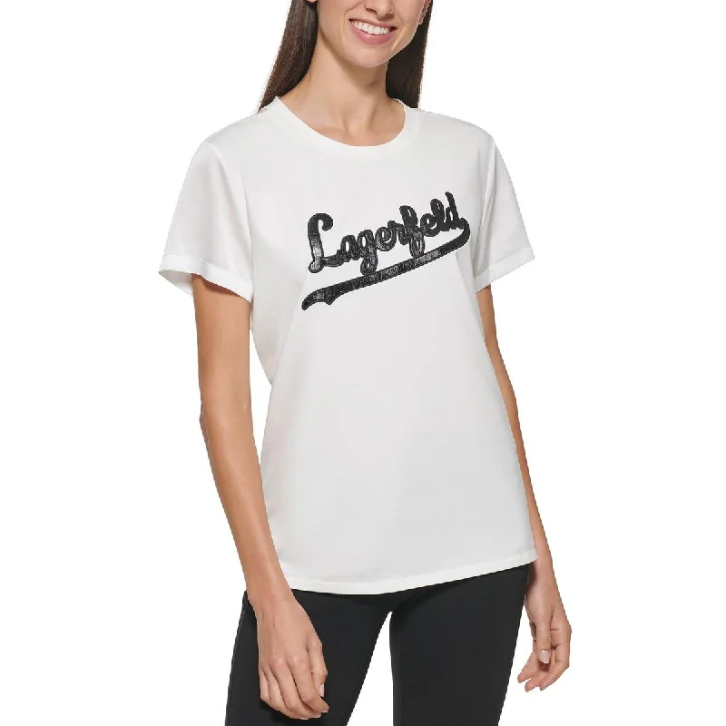 Karl Lagerfeld Paris Womens Embossed Logo Round Neck Graphic T-Shirt