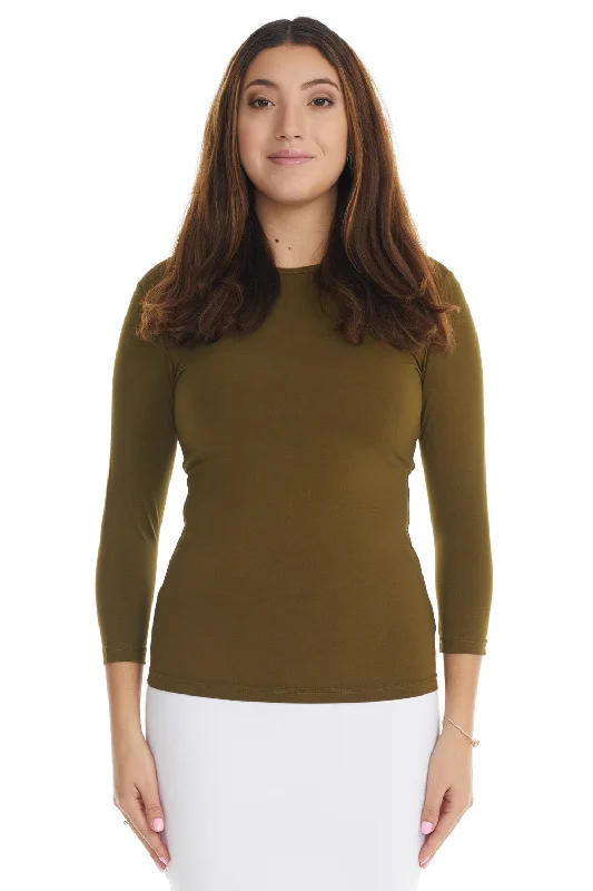 Green 3/4 Sleeve Fancy Slinky Layering T-Shirt Top for Women