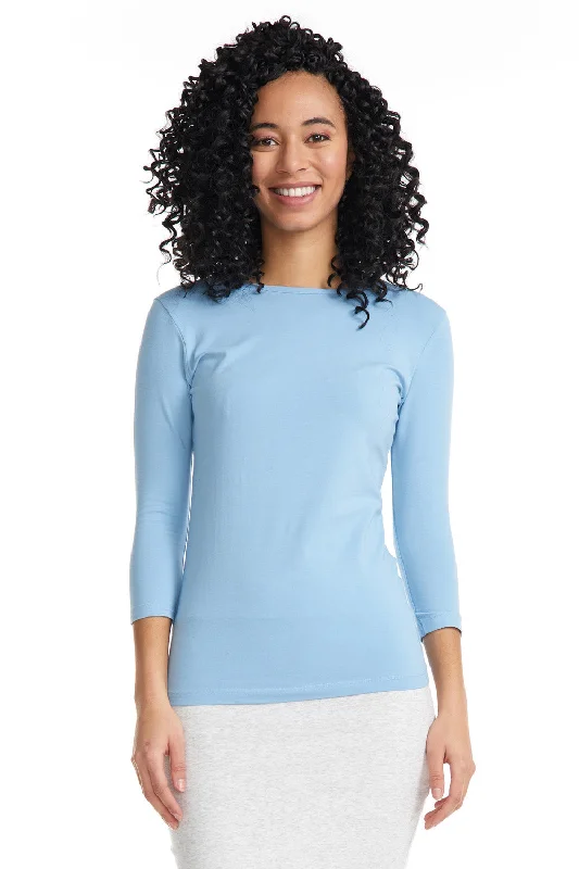 Baby Blue 3/4 Sleeve Snug Fit Layering Cotton T-Shirt Top for Women