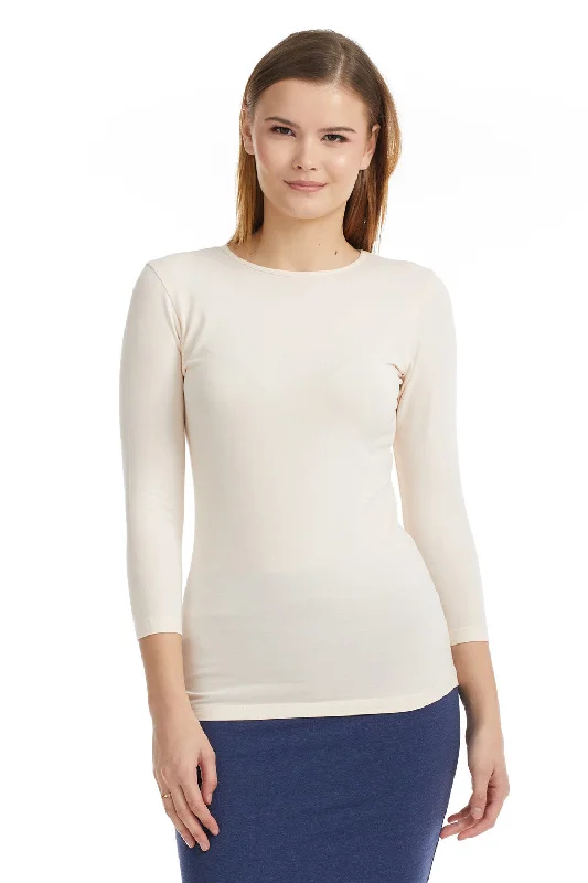 Beige 3/4 Sleeve Snug Fit Layering Cotton T-Shirt Top