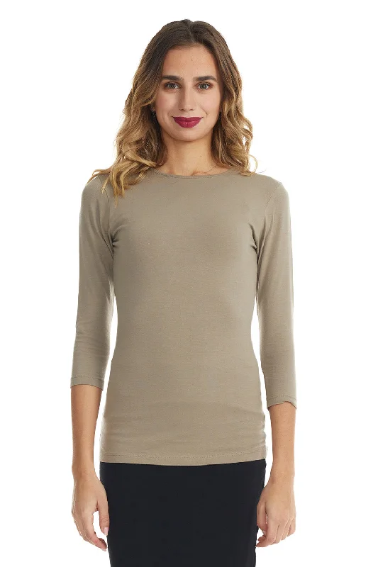 Brown 3/4 Sleeve Snug Fit Layering Cotton T-Shirt Top for Women