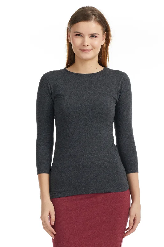 Charcoal 3/4 Sleeve Snug Fit Layering Cotton T-Shirt Top for Women