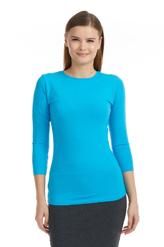 Ocean Blue 3/4 Sleeve Snug Fit Layering Cotton T-Shirt Top for Women