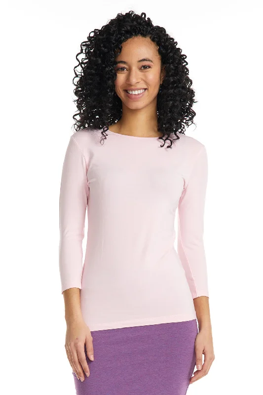 Pink 3/4 Sleeve Snug Fit Layering Cotton T-Shirt Top for Women