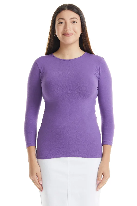 Purple 3/4 Sleeve Snug Fit Layering Cotton T-Shirt Top for Women