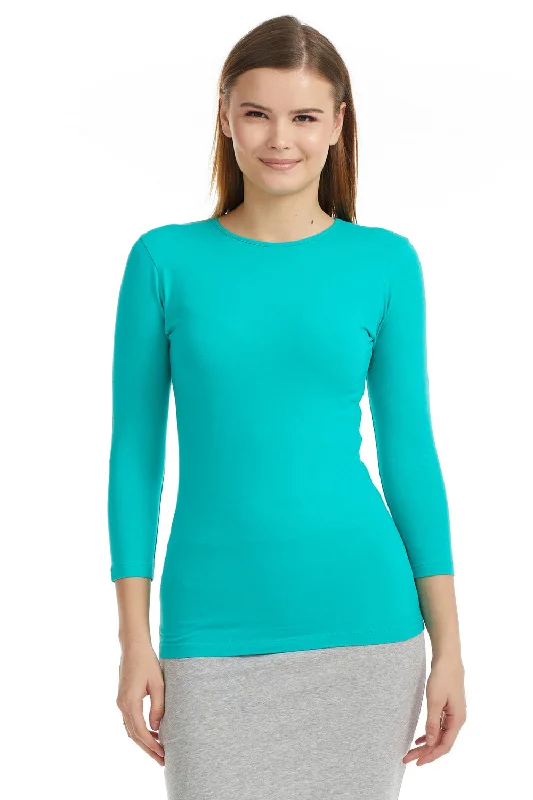 Turquoise 3/4 Sleeve Snug Fit Layering Cotton T-Shirt Top for Women