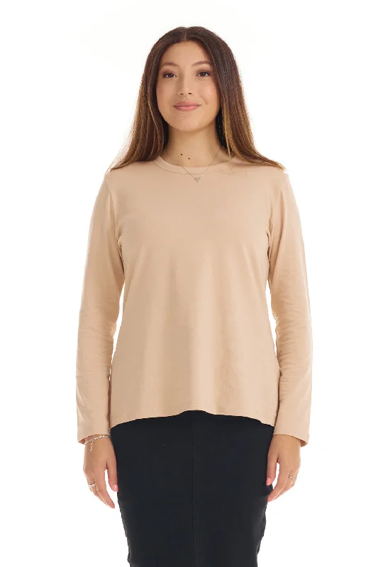 Tan Long Sleeve Cotton T-shirt Top for Women 'B388'