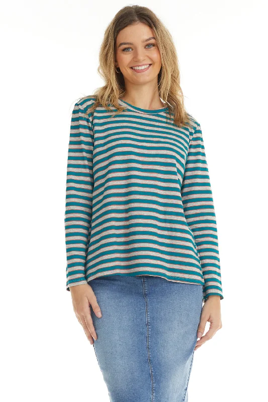 Grey and Striped Long Sleeve Cotton T-shirt Top for Women B468'