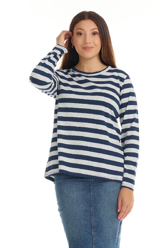 Navy and Grey Striped Long Sleeve Cotton T-shirt Top for Women 'B544'