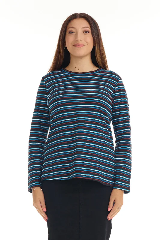 Black, Red and blue Striped Long Sleeve Cotton T-shirt Top for Women'B585'