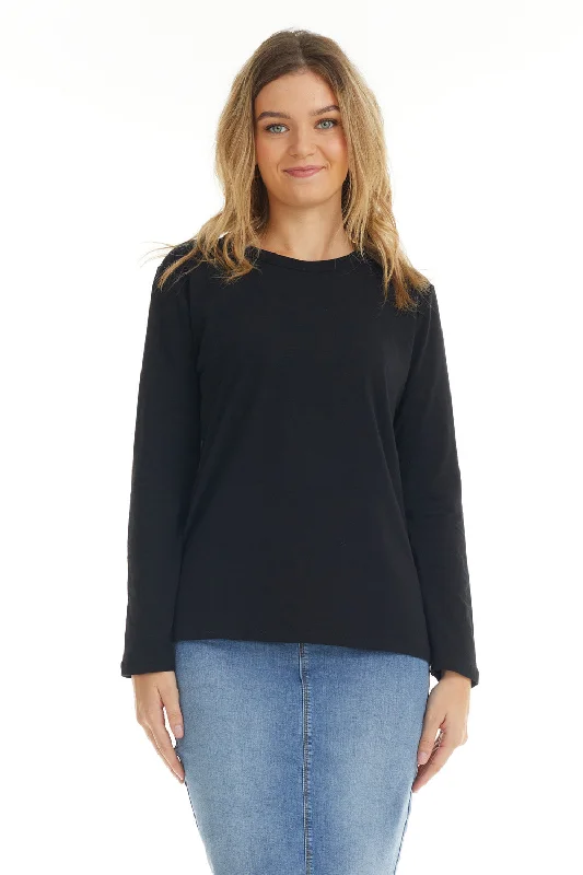 Basic Black Long Sleeve Cotton T-shirt Top for Women