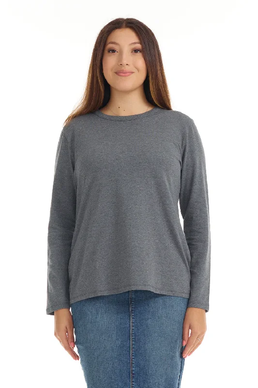 Charcoal Grey Long Sleeve Cotton T-shirt Top for Women