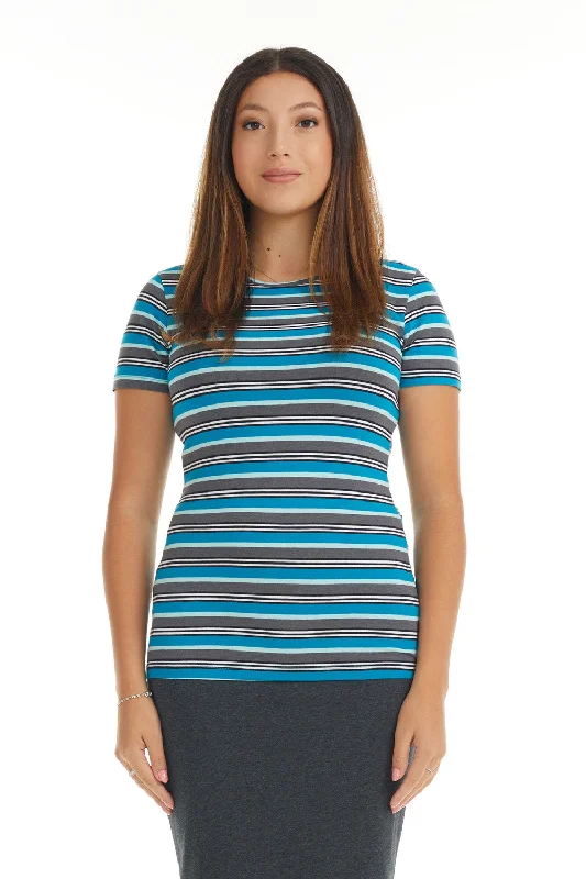 Short Sleeve Crewneck T-Shirt Top with Grey Blue and White Stripes B-539