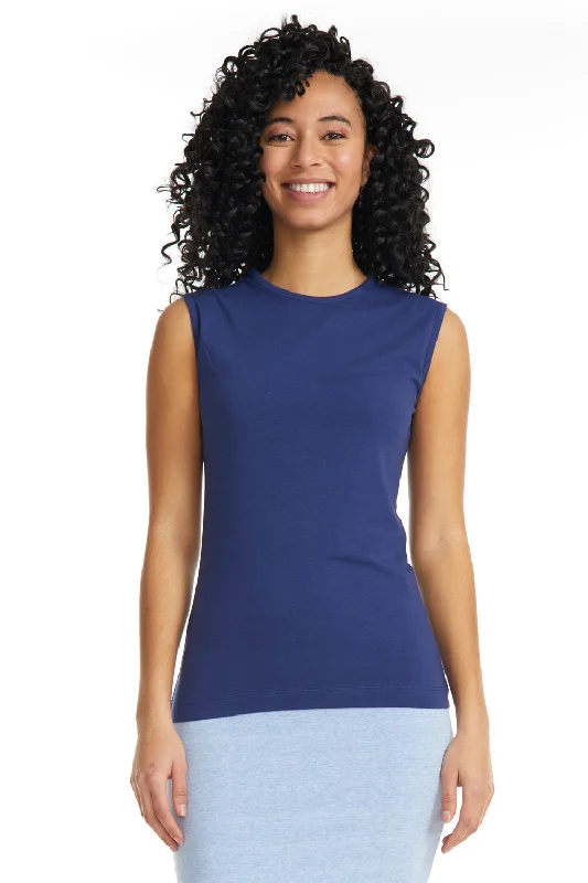 Navy Blue Sleeveless Cotton Crewneck T-Shirt for Women