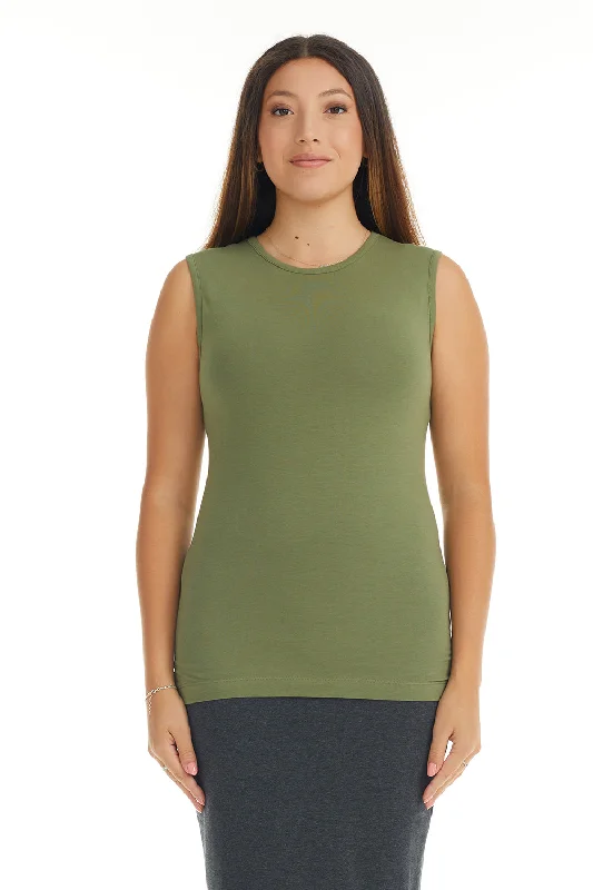 Olive Green Sleeveless Crewneck T-Shirt for Women