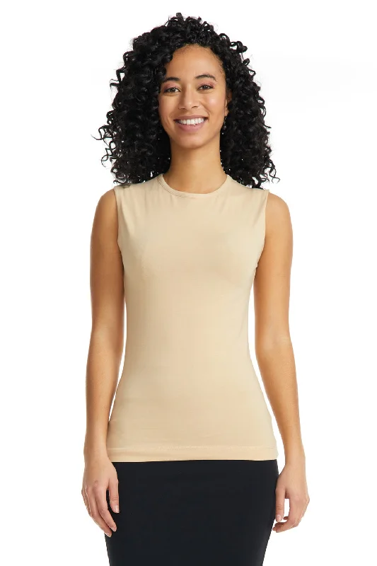 Tan Sleeveless Cotton Crewneck T-Shirt for Women