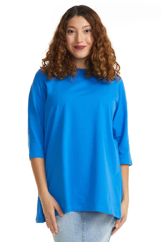 Blue 3/4 Sleeve Oversized Loose Crewneck T-Shirt for Women