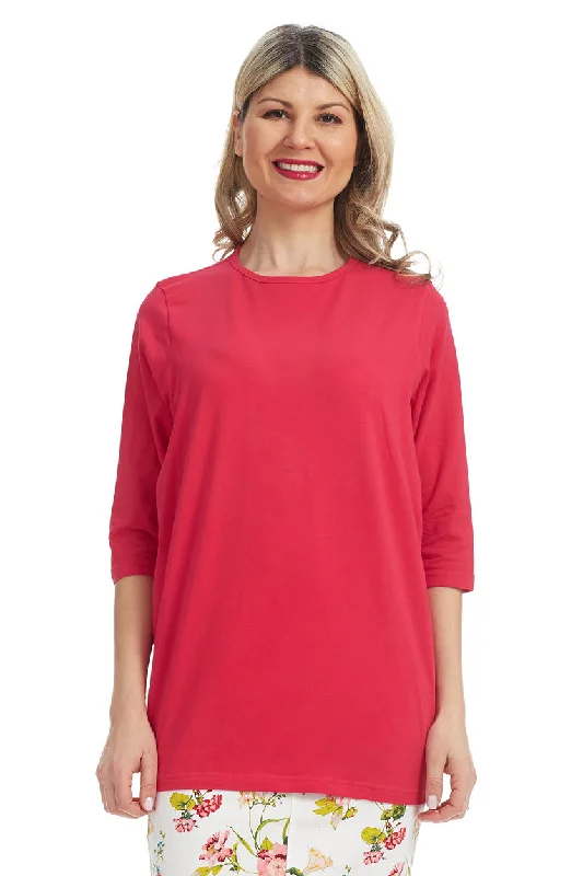 Fuchsia Pink 3/4 Sleeve Oversized Loose Crewneck T-Shirt for Women