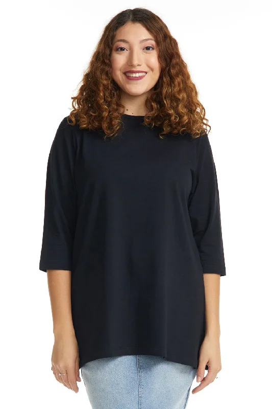 Jet Black 3/4 Sleeve Oversized Loose Crewneck T-Shirt for Women