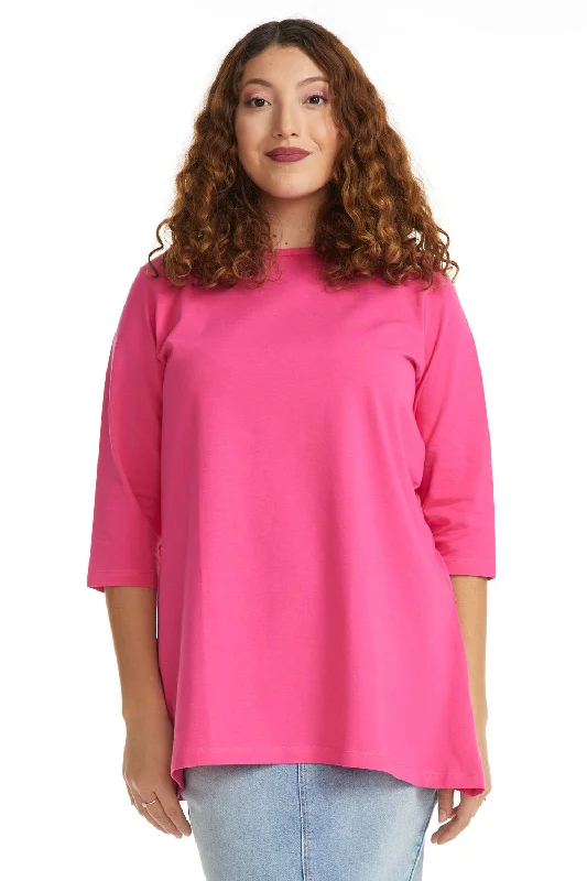 Magenta Pink 3/4 Sleeve Oversized Loose Crewneck T-Shirt for Women