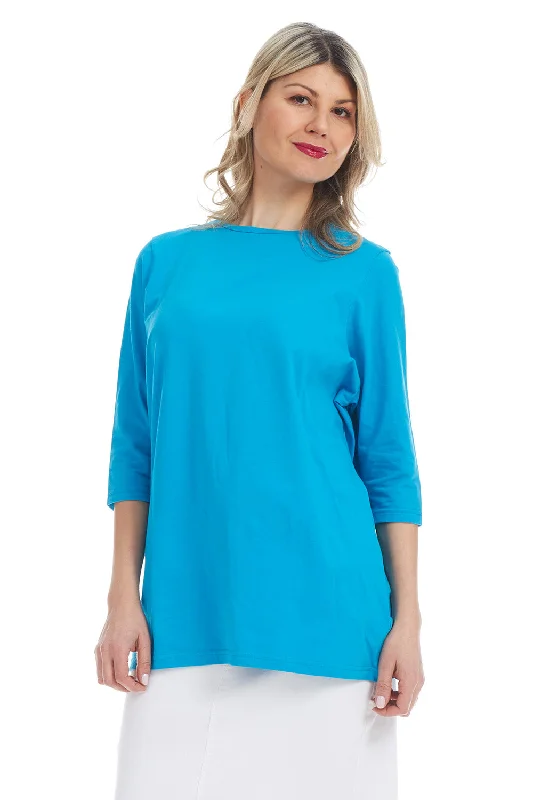 Ocean Blue 3/4 Sleeve Oversized Loose Crewneck T-Shirt for Women