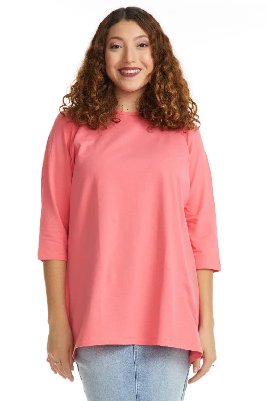 Salmon Pink 3/4 Sleeve Loose Crewneck T-Shirt for Women