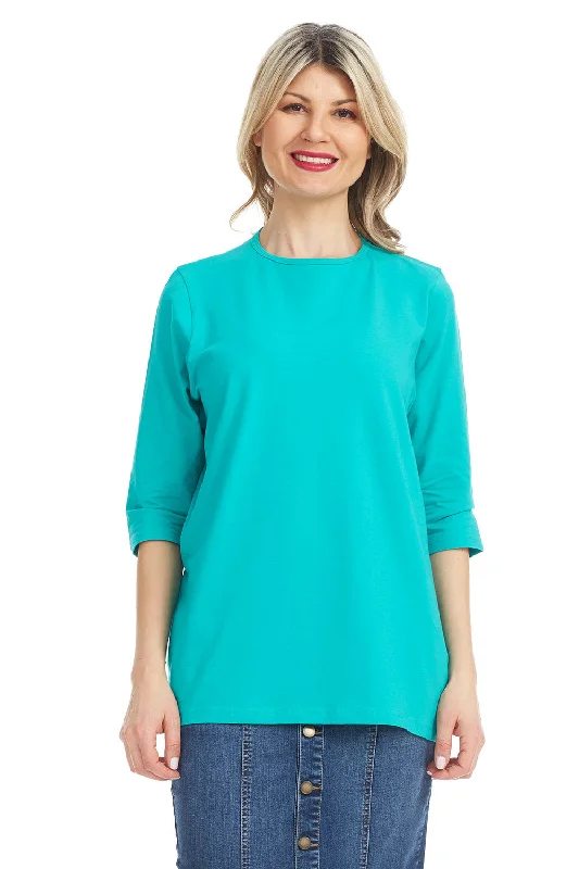 Turquoise 3/4 Sleeve Loose Oversized Crewneck T-Shirt for Women