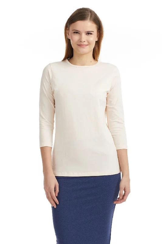 Beige 3/4 Sleeve Relaxed Fit Crewneck T-Shirt for Women