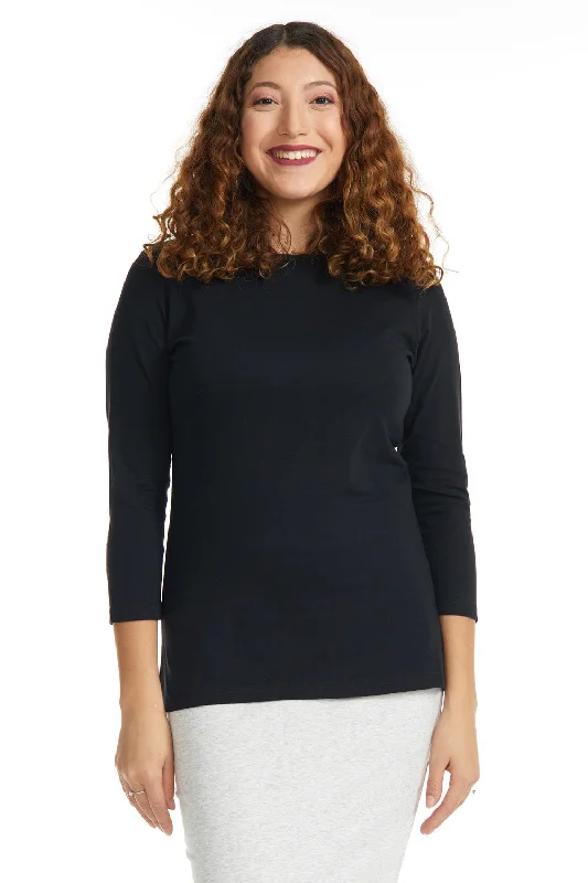 Black 3/4 Sleeve Relaxed Fit Crewneck T-Shirt for Women