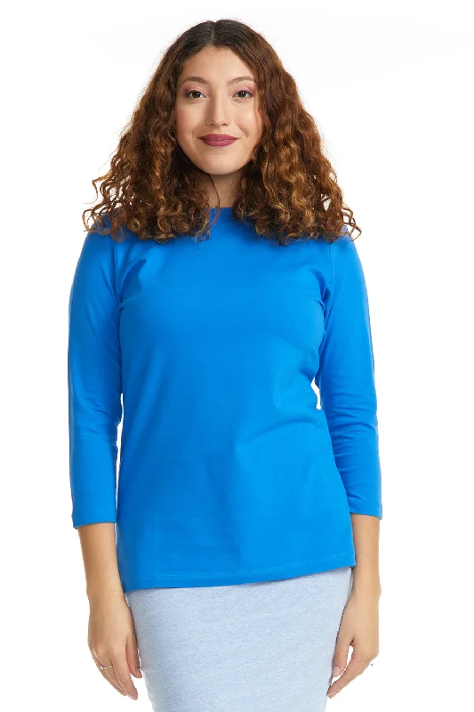 Blue 3/4 Sleeve Relaxed Fit Crewneck Layering T-Shirt for Women