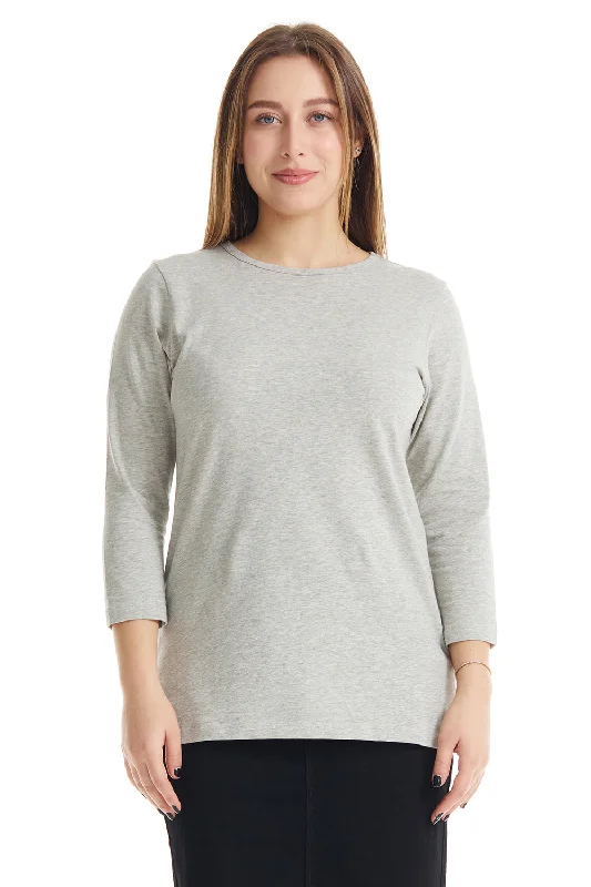 Grey Mix 3/4 Sleeve Relaxed Fit Crewneck T-Shirt for Women