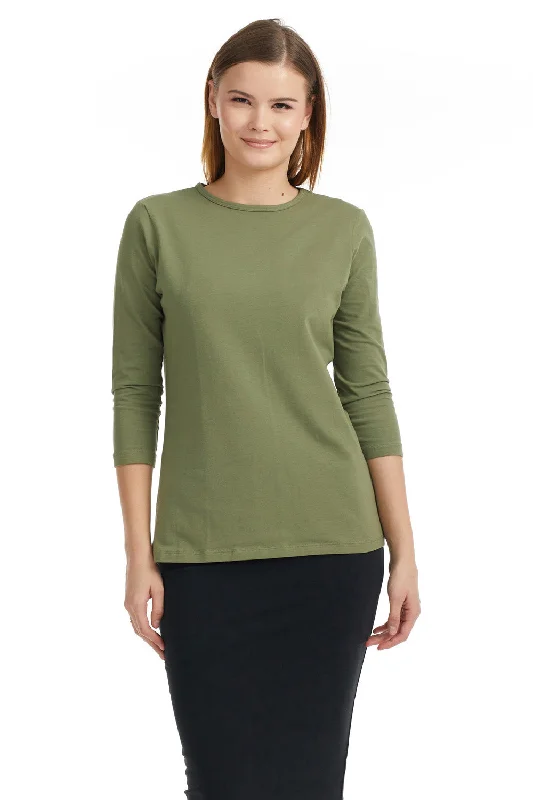 Olive 3/4 Sleeve Relaxed Fit Crewneck T-Shirt for Women