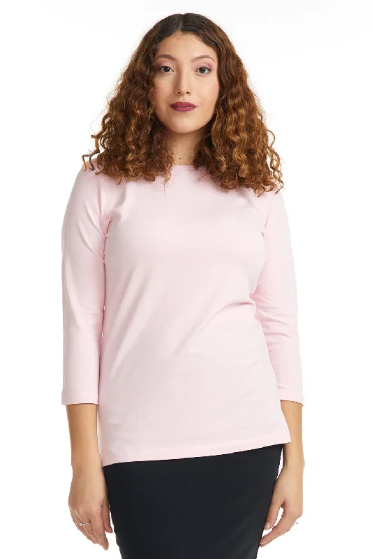 Pink 3/4 Sleeve Relaxed Fit Crewneck T-Shirt for Women