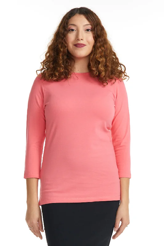 3/4 Sleeve Relaxed Fit Crewneck T-Shirt for Women - SALMON