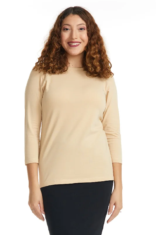 Tan 3/4 Sleeve Relaxed Fit Crewneck T-Shirt for Women