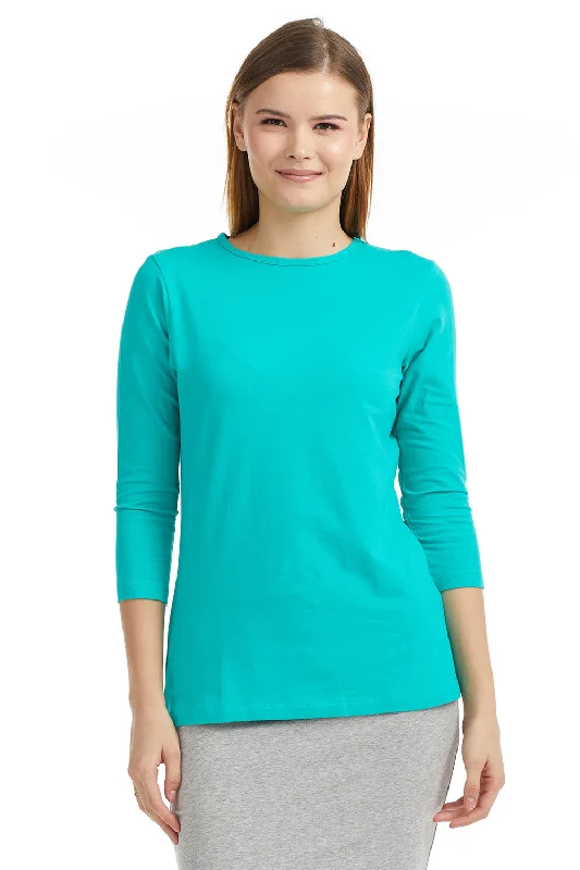 Turquoise 3/4 Sleeve Relaxed Fit Crewneck T-Shirt for Women